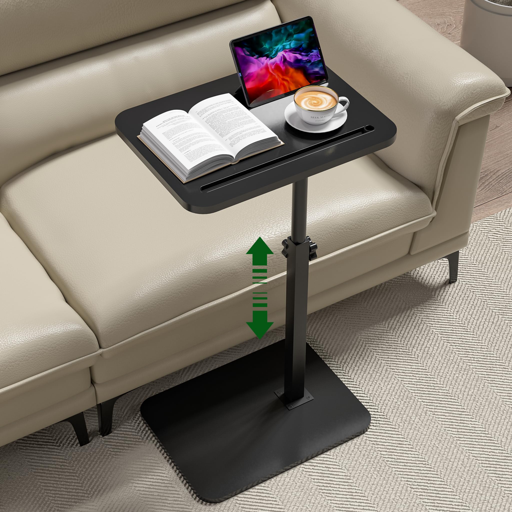 Promitop black side tray table on couch with 360° swivel for flexible dining.