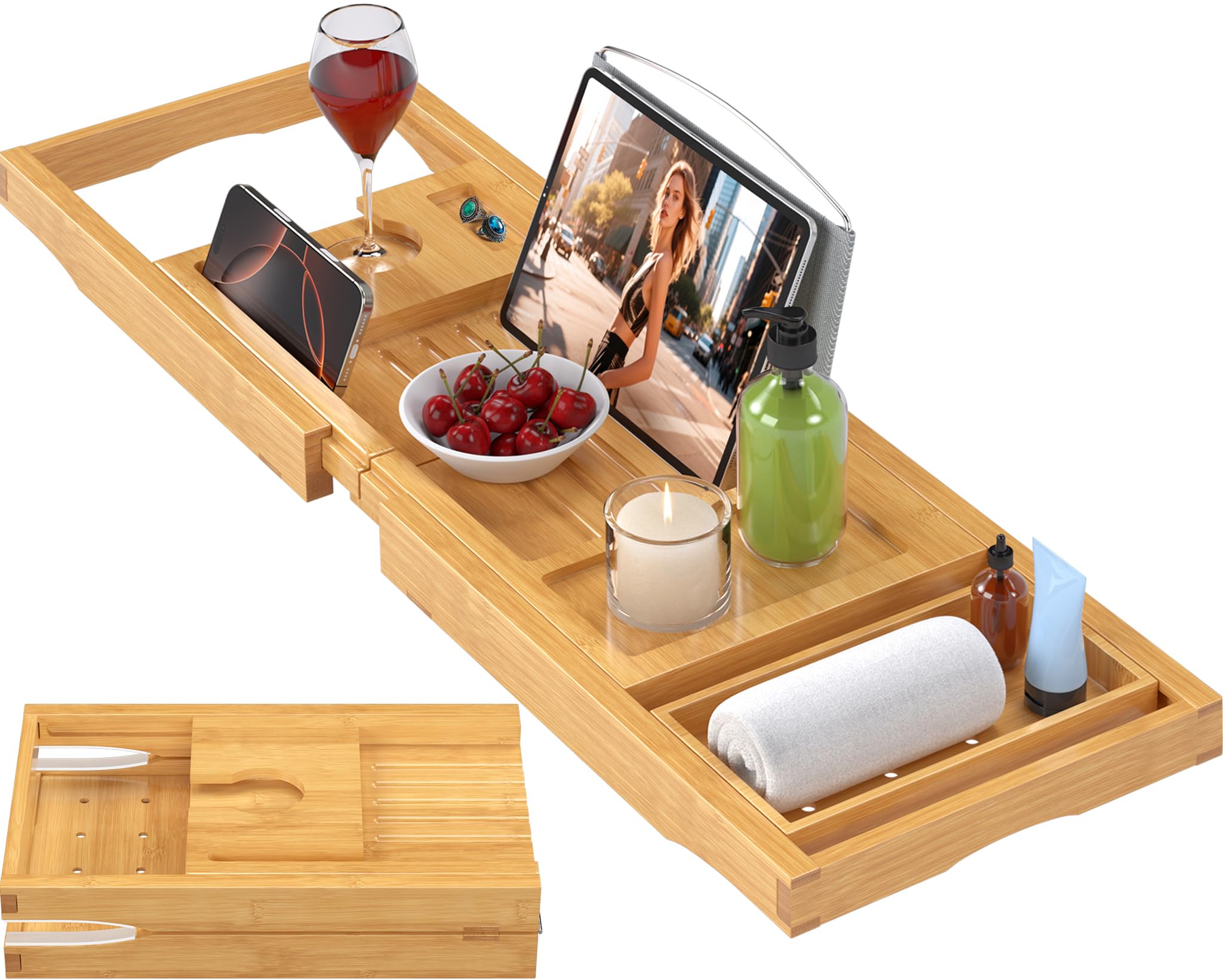 Promitop foldable bathtub caddy tray extending to fit most tubs and keep items within reach.