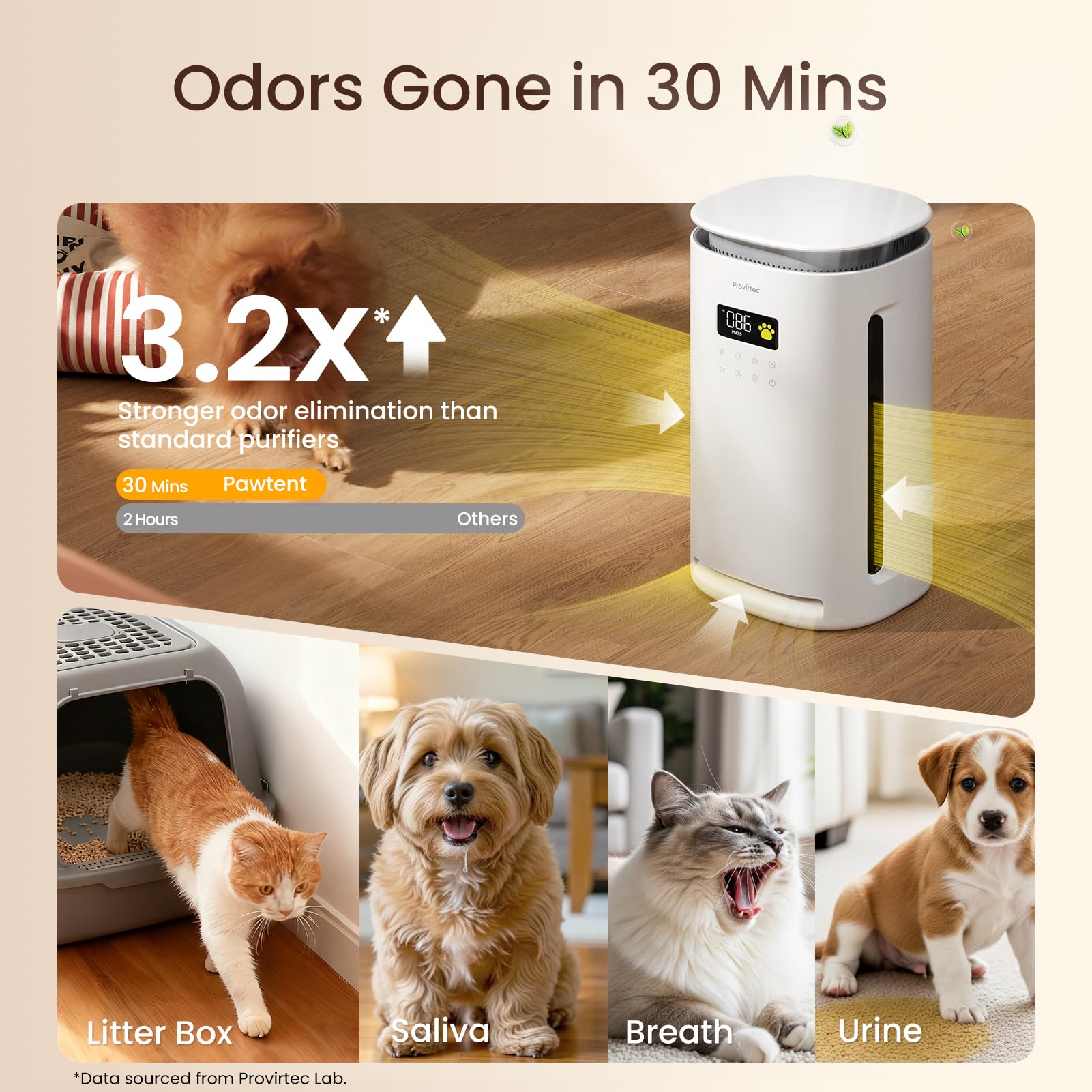 Provirtec air purifier in pet mode balances purification with gentle airflow for calmer pets.