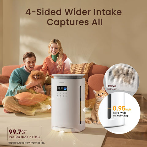 Provirtec washable pre-filter removes hair and debris, extending filter life.