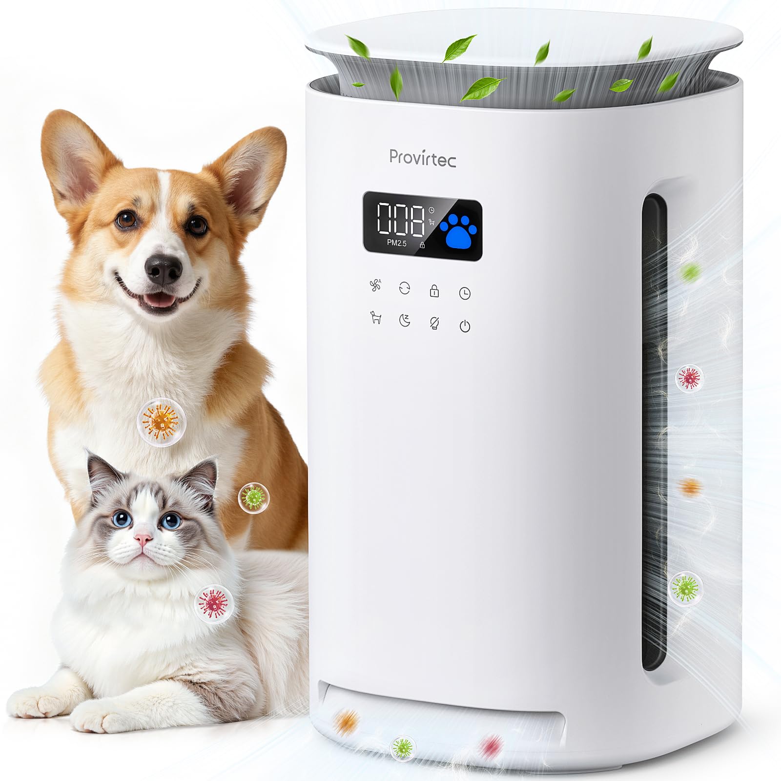 Provirtec air purifier with wide inlet captures pet hair quickly in large rooms.