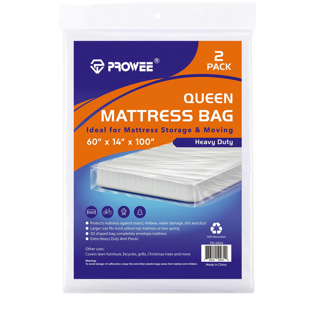 PROWEE 4Mil queen mattress bag pack protects during moves with waterproof, tear-resistant coverage