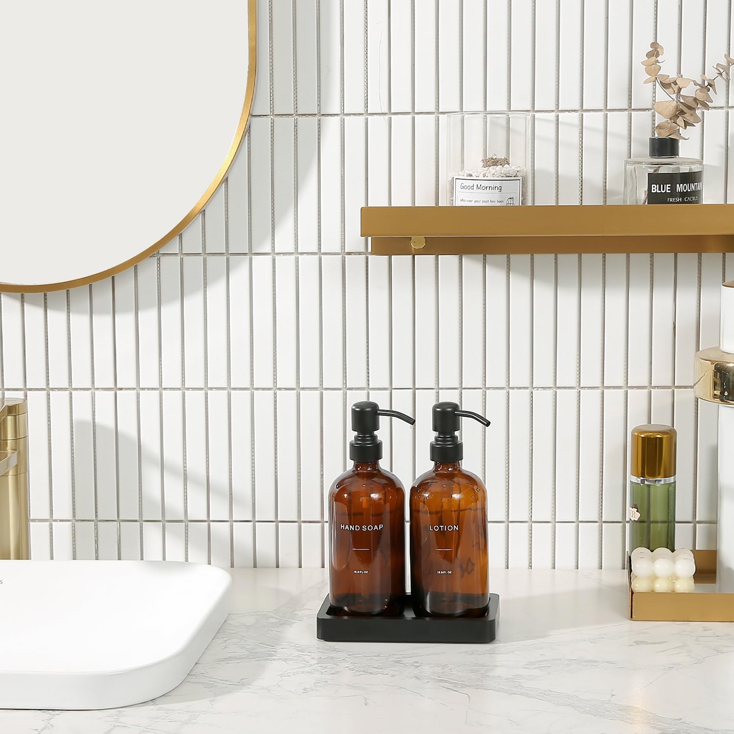 Prus Waso amber glass lotion dispenser pump, perfect for organized bathroom routines