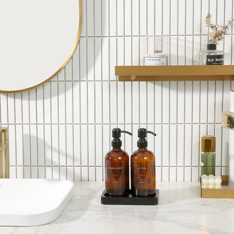 Prus Waso amber glass lotion dispenser pump, perfect for organized bathroom routines