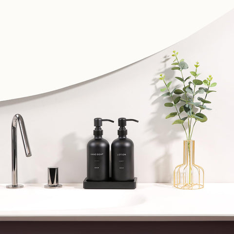 Prus Waso black dispenser tray with anti-slip base keeps counters stable.