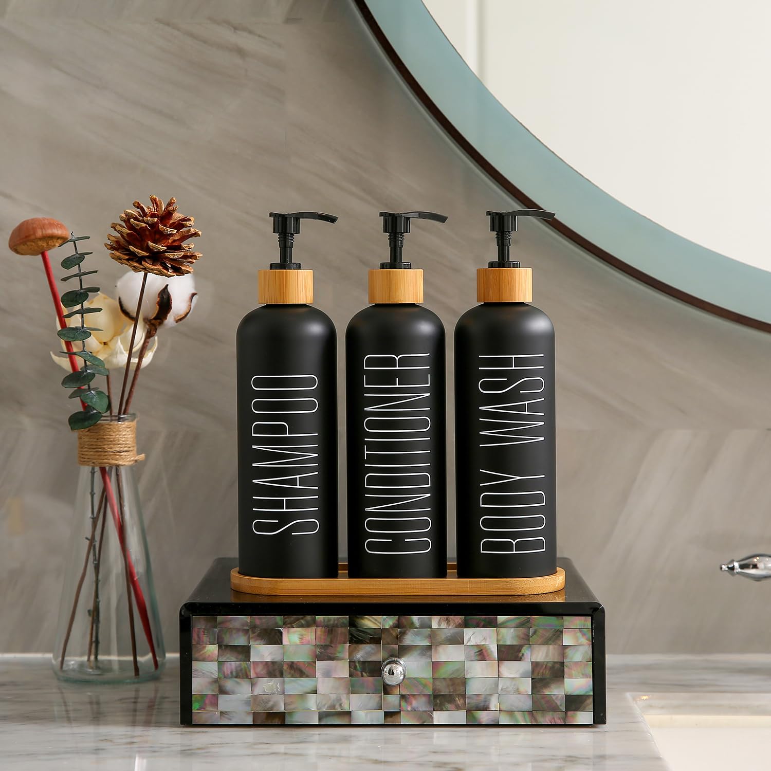 Prus Waso body wash dispenser with labeled bottles for simple routines.