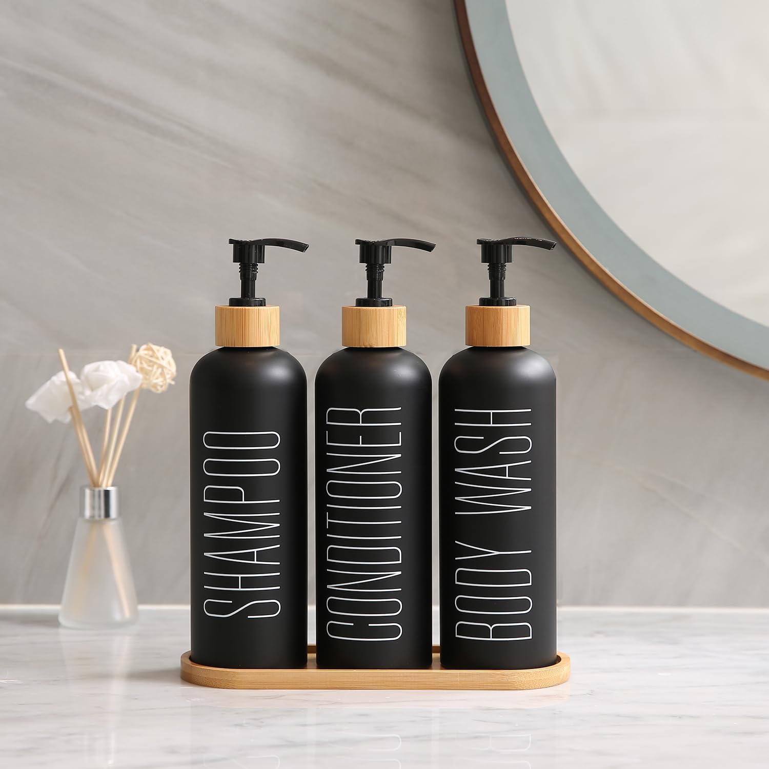 Prus Waso conditioner dispenser with bamboo pump for clutter-free shower essentials.