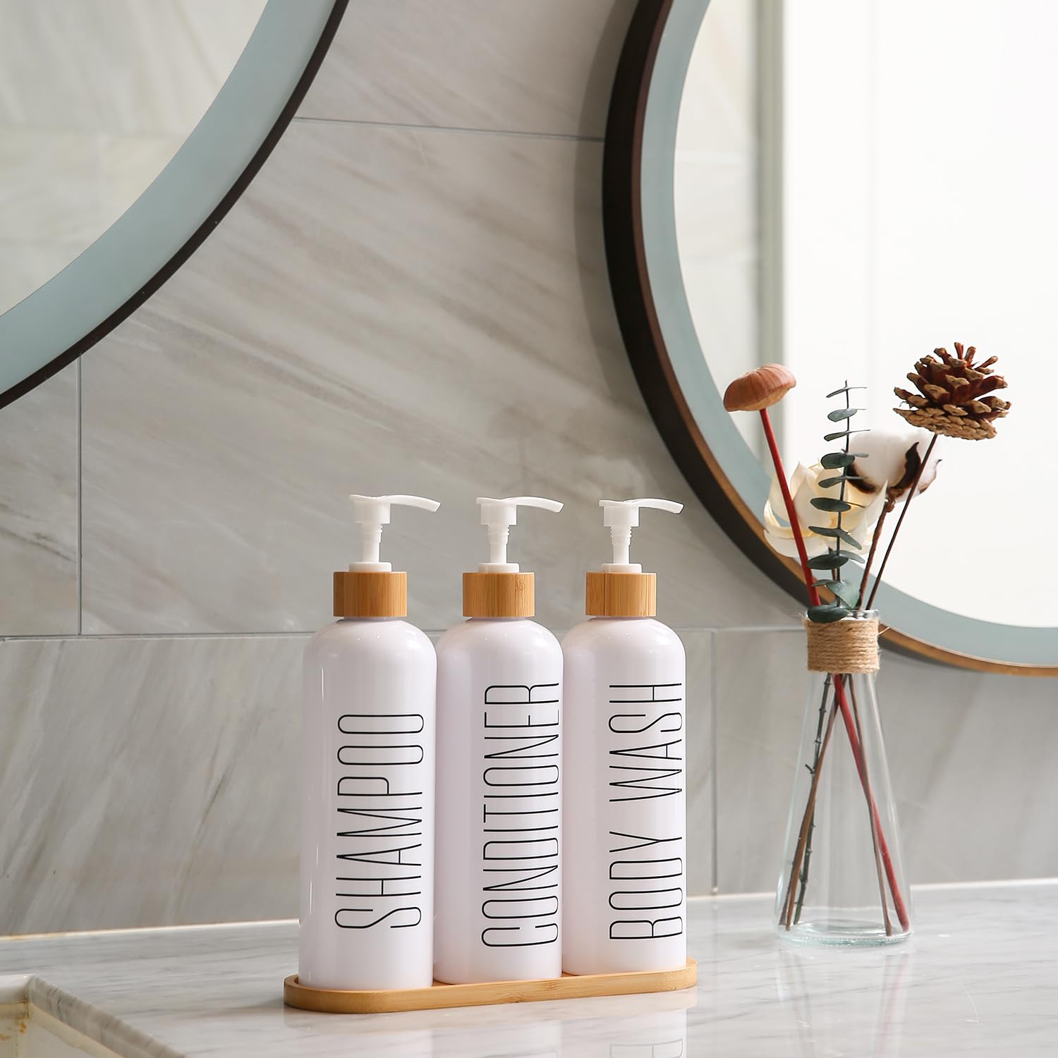 Prus Waso conditioner dispenser with bamboo pumps adds farmhouse charm and practicality