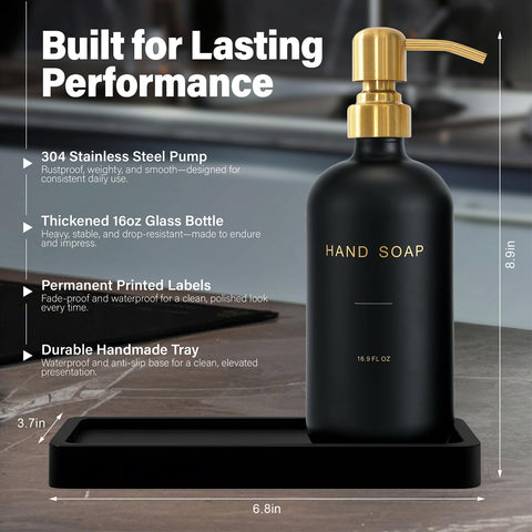 Prus Waso gold-black lotion-dispenser-pump keeps the countertop organized.