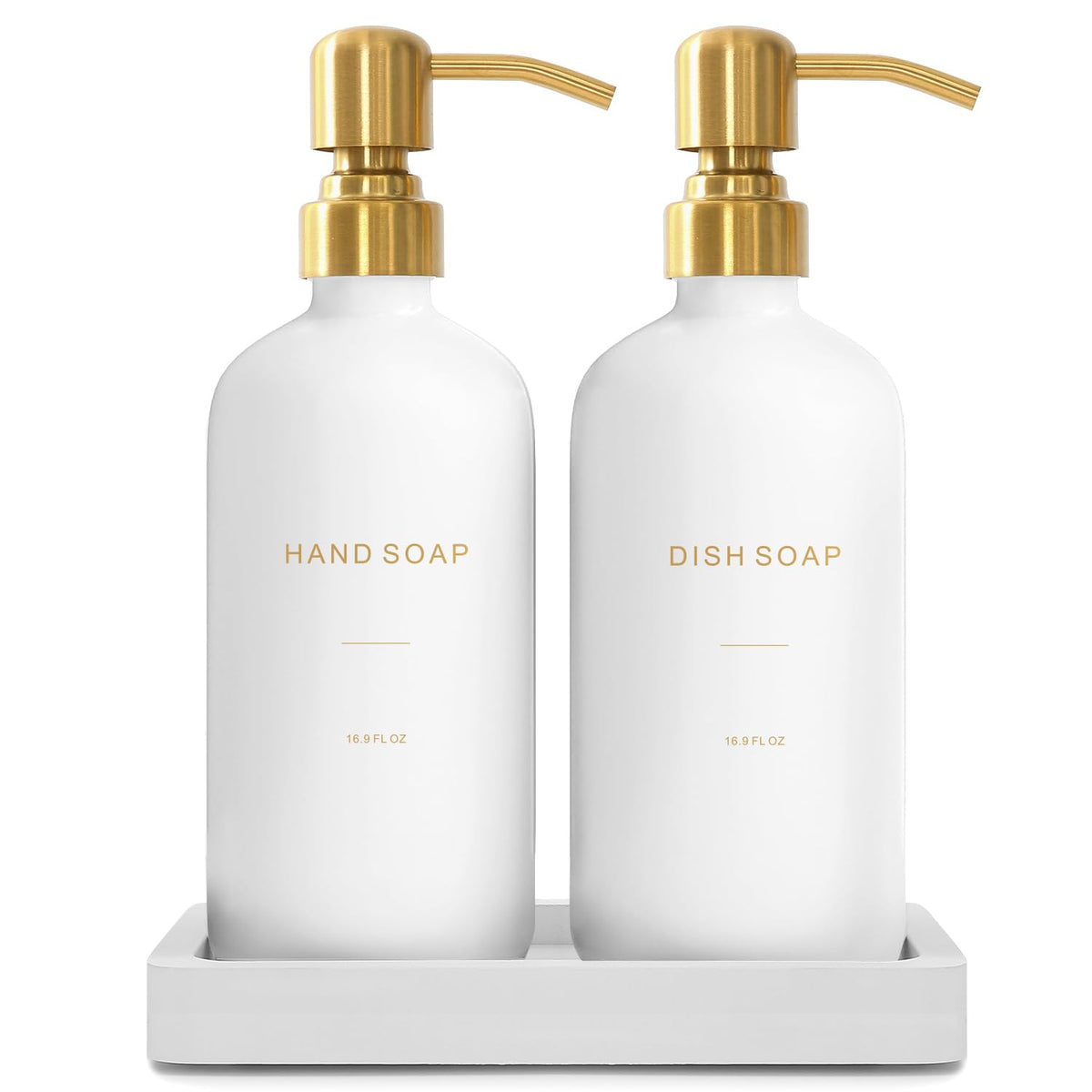 Prus Waso Gold dispenser set with glass bottles adds modern kitchen elegance.