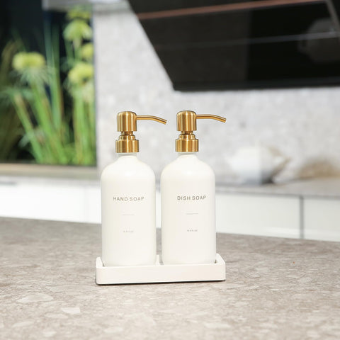 Hand soap dish tray from Prus Waso Gold keeps counters neat and stylish.