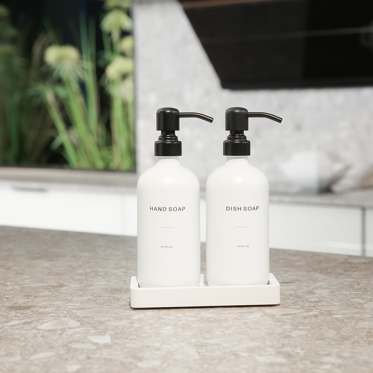 Prus Waso white dispenser on handmade tray improves organization and style in the kitchen.