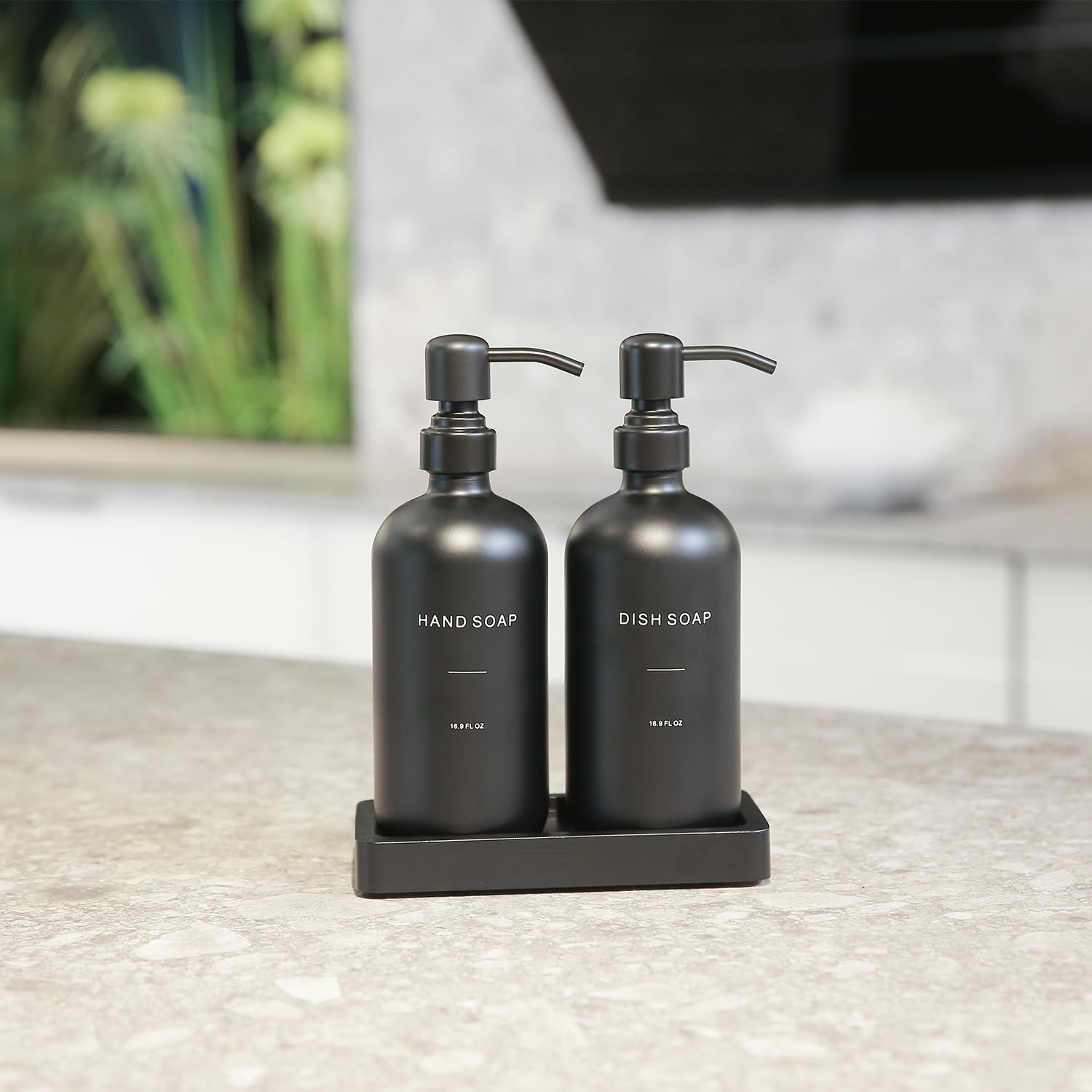 Prus Waso handmade tray with anti-slip base keeps the dispenser steady.