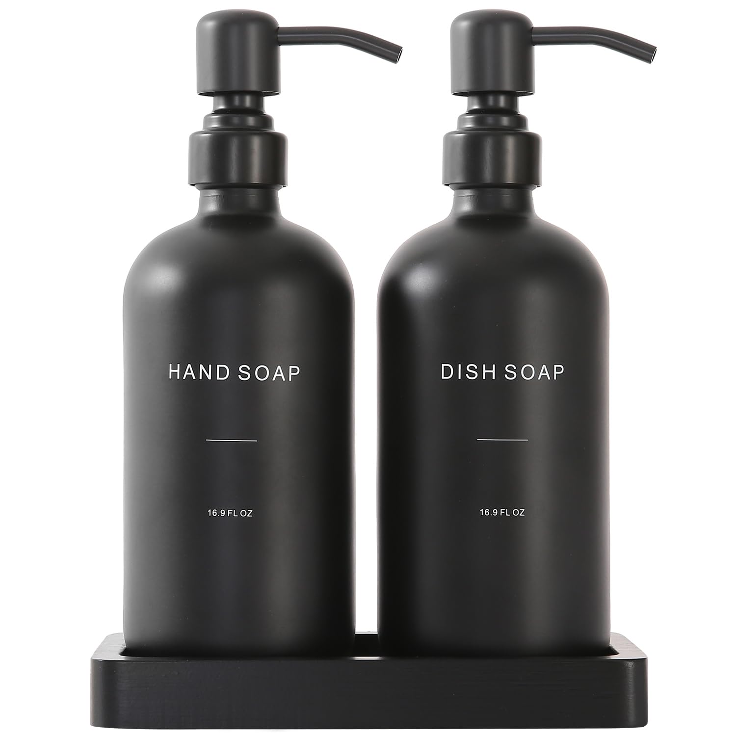 Prus Waso matte black soap dispenser set front view enhances modern kitchen decor.