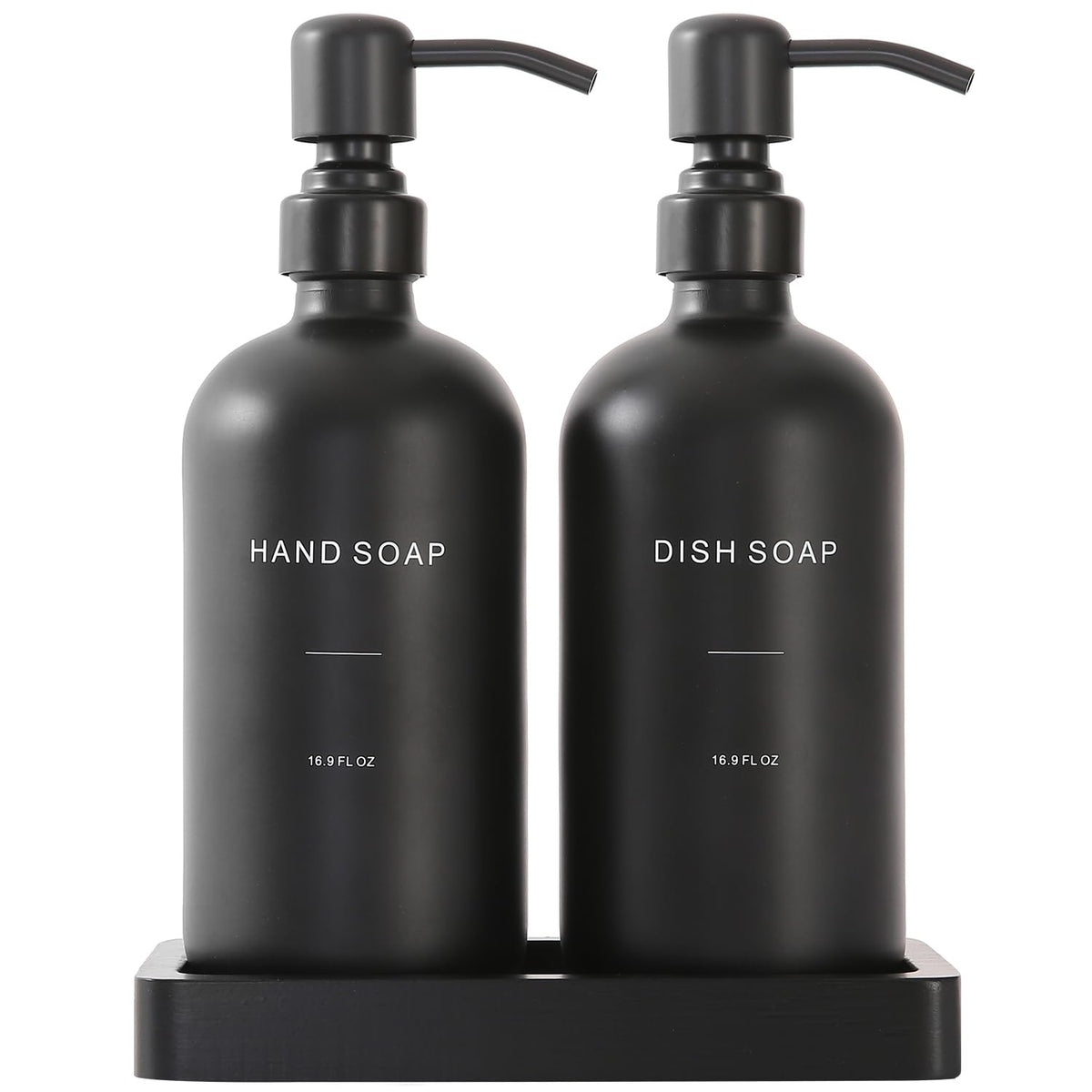 Prus Waso matte black soap dispenser set front view enhances modern kitchen decor.