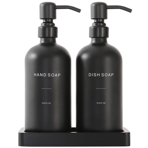 Prus Waso matte black soap dispenser set front view enhances modern kitchen decor.