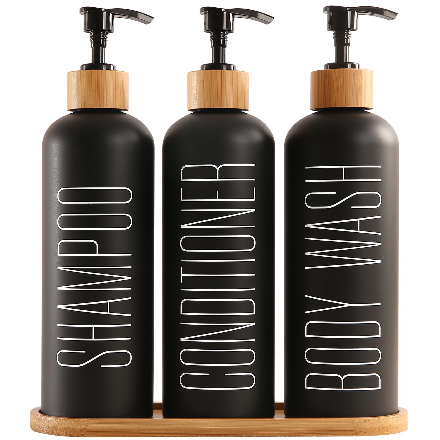 Prus Waso shampoo dispenser with bamboo pumps and tray for organized shower storage.