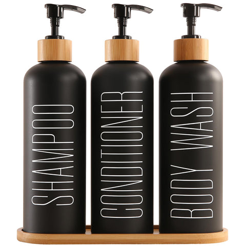 Prus Waso shampoo dispenser with bamboo pumps and tray for organized shower storage.