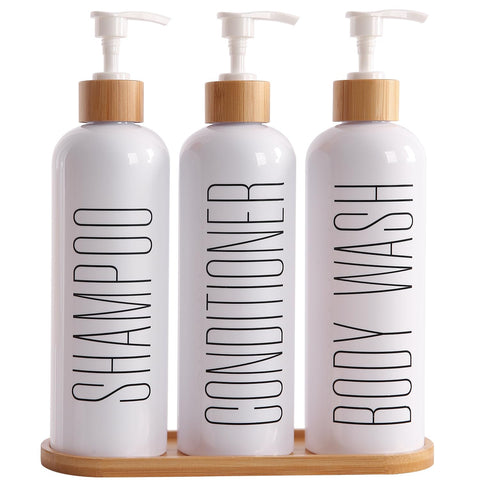 Prus Waso shampoo dispenser with bamboo pumps on white tray for organized bathroom