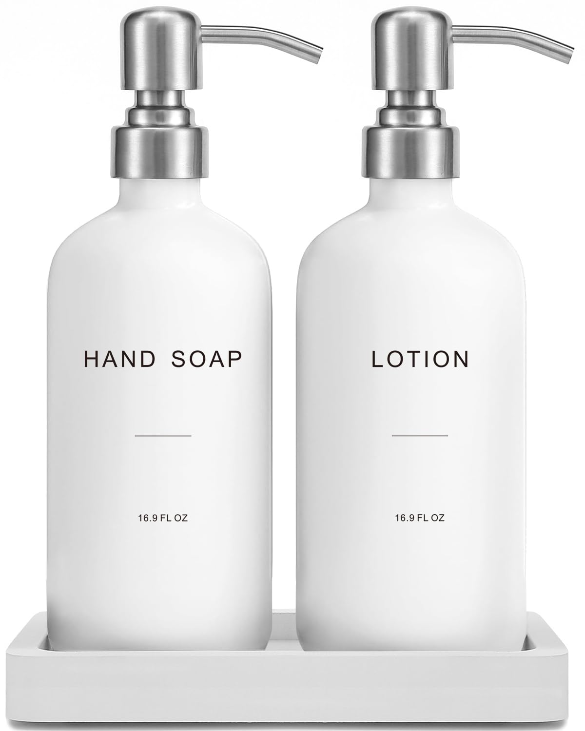 Prus Waso white soap dispenser hand with glass body for a clutter-free bathroom.