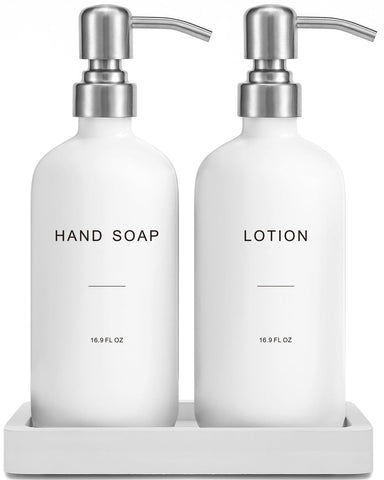 Prus Waso white soap dispenser hand with glass body for a clutter-free bathroom.