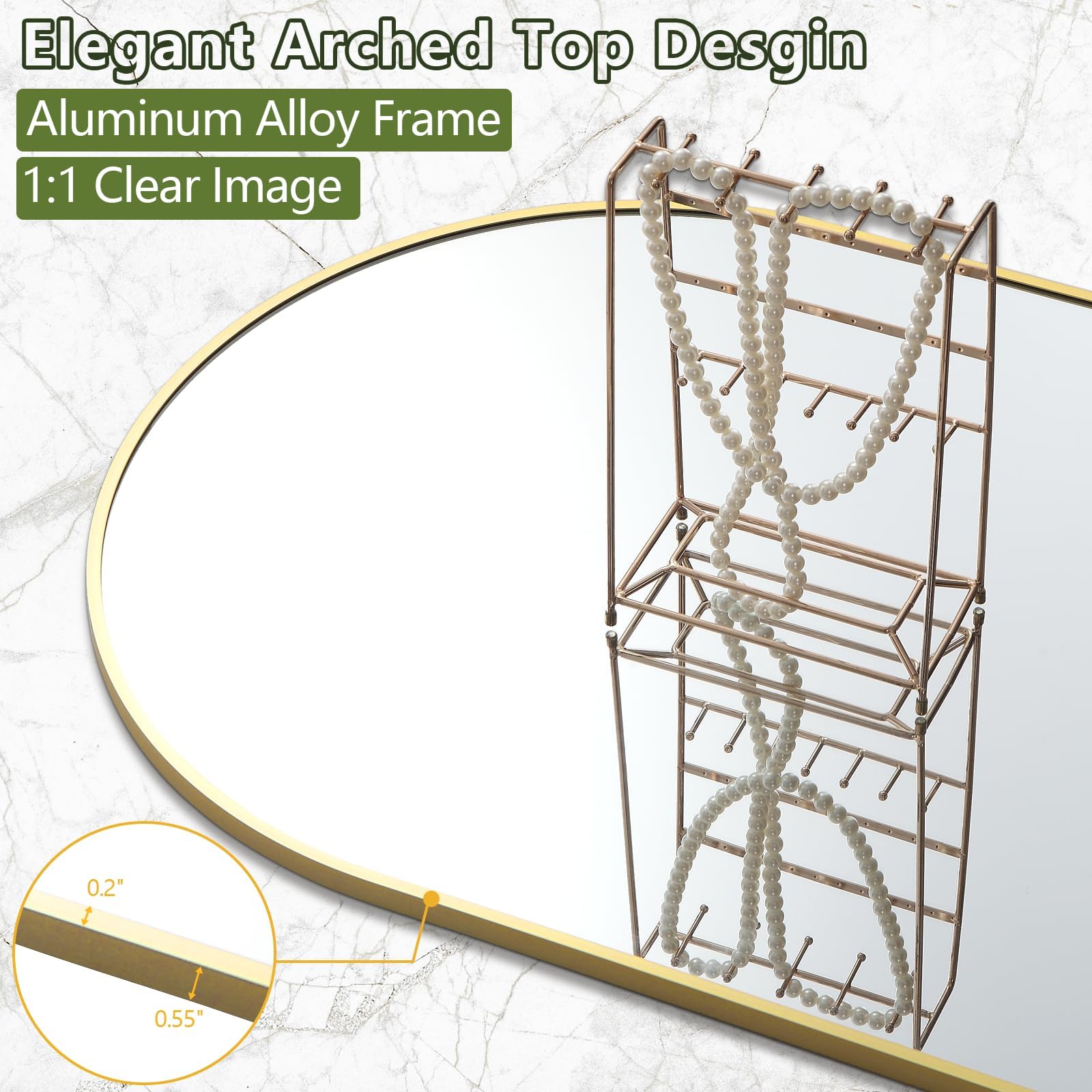 Prywot full-body mirror with gold frame offers elegant full-body reflection for outfits.
