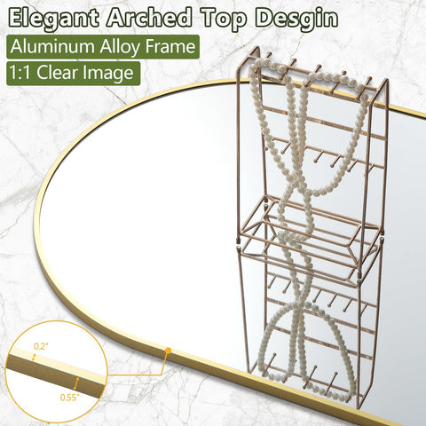 Prywot full-body mirror with gold frame offers elegant full-body reflection for outfits.