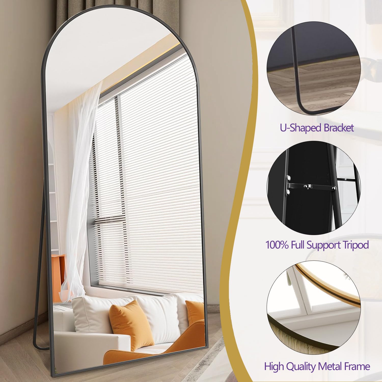 Prywot U-bracket floor mirror for easy floor placement