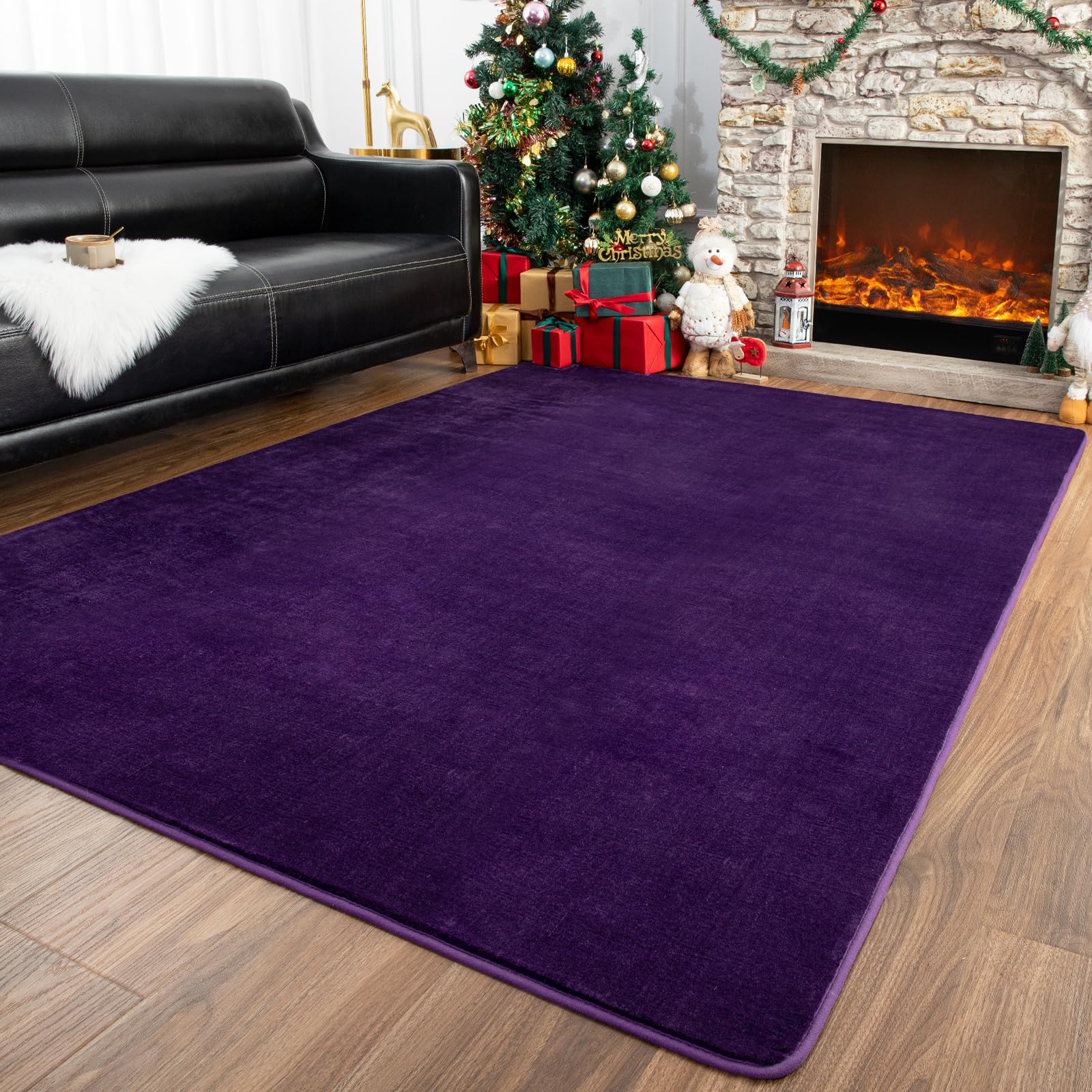 Przemy washable area rug in dark purple adds cozy bedroom comfort.