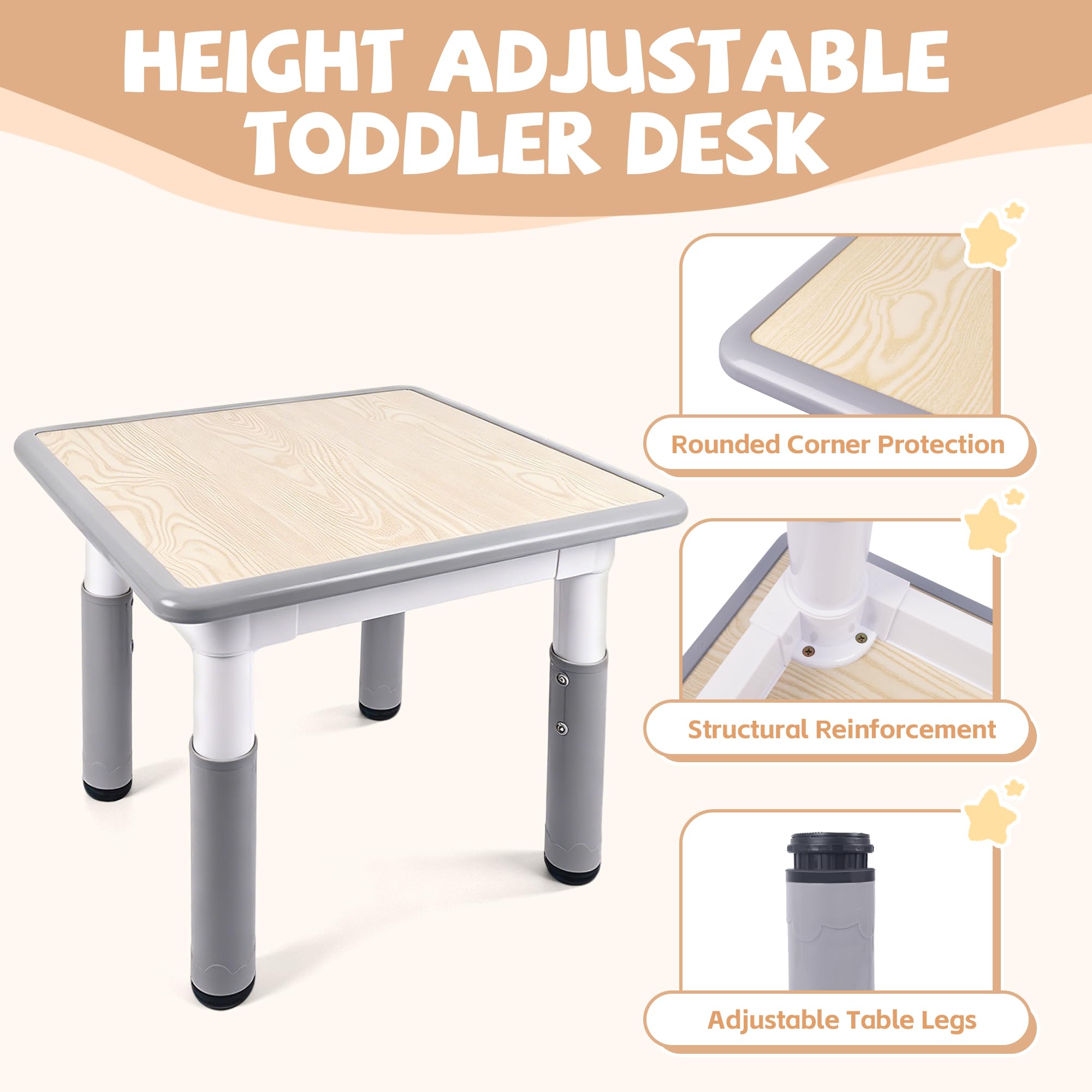 Pterying height-adjustable table legs enable growing children to sit comfortably.