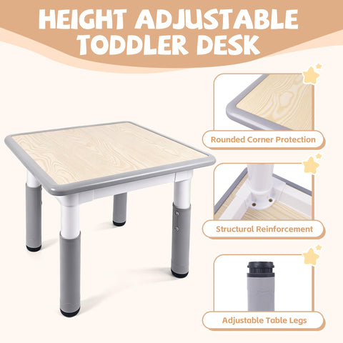 Pterying height-adjustable table legs enable growing children to sit comfortably.