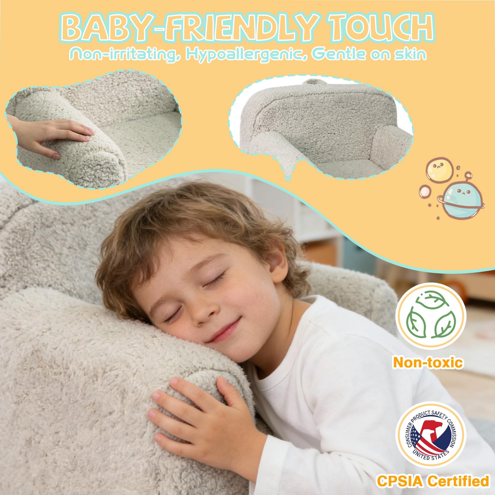 Pterying kids sofa shows sturdy armrests for stable seating during play.