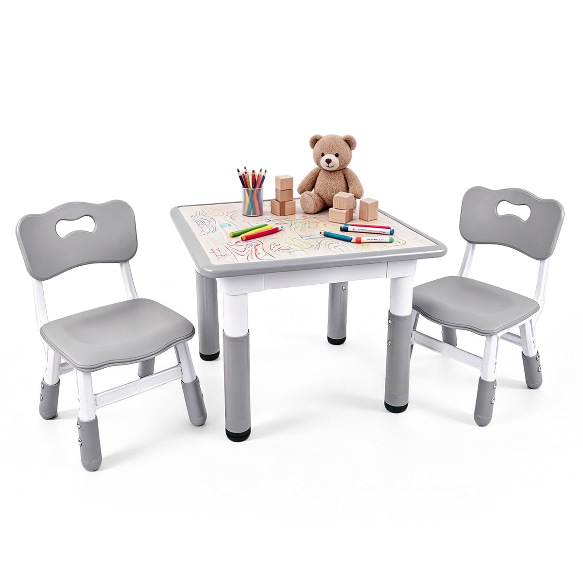 Pterying kids table with graffiti desktop in grey, ideal for drawing and coloring sessions.