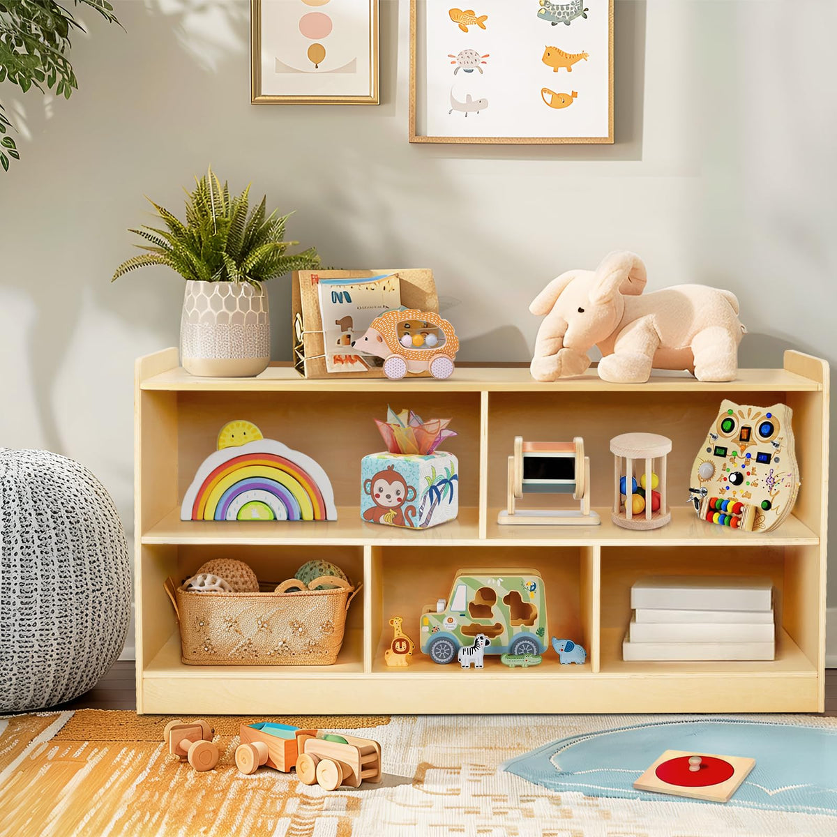 PTINFLUCE Montessori Shelf front view shows natural finish and organized storage spaces for books and toys.
