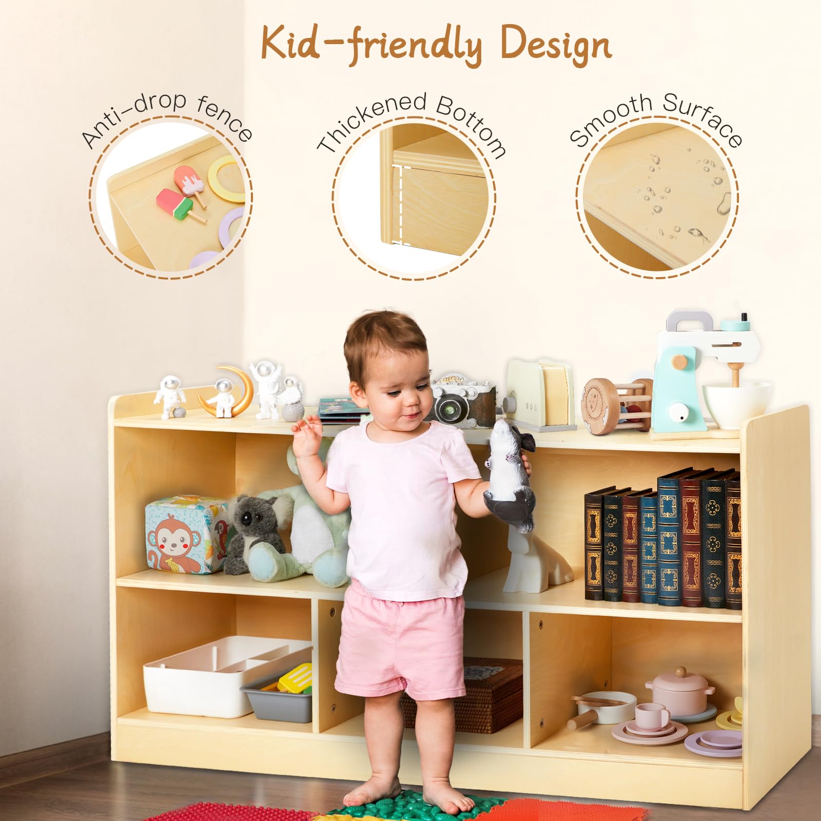 PTINFLUCE Montessori Shelf side view highlights compact height for easy access by children.