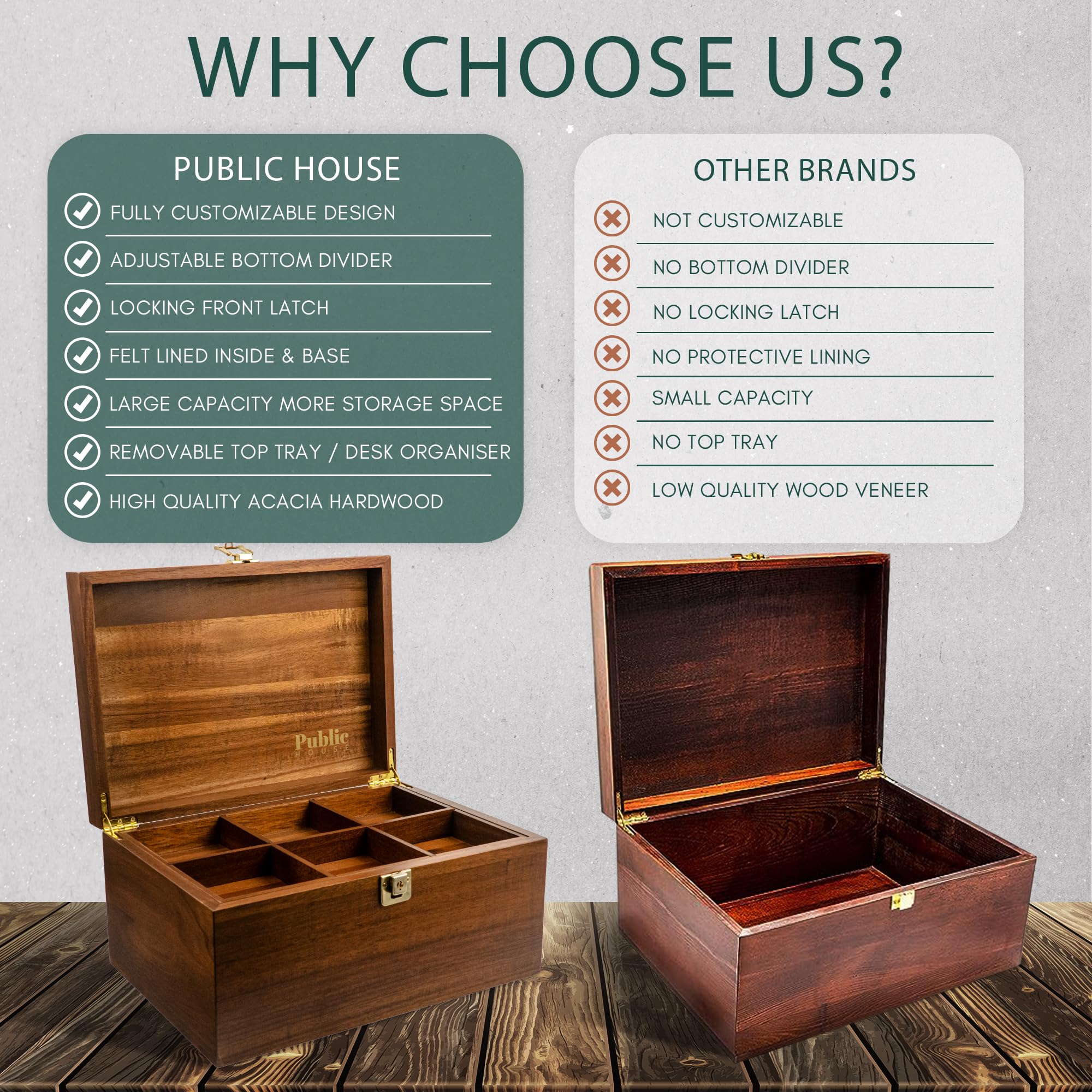 Public House large wooden box stores jewelry, photos, letters and crafts.