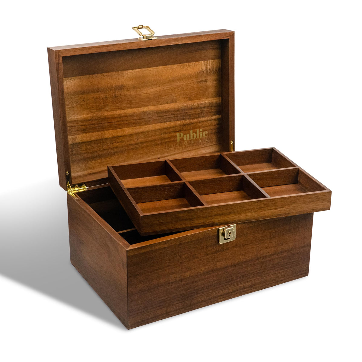 Public House locking keepsake box lid shows durable craftsmanship for treasured mementos.