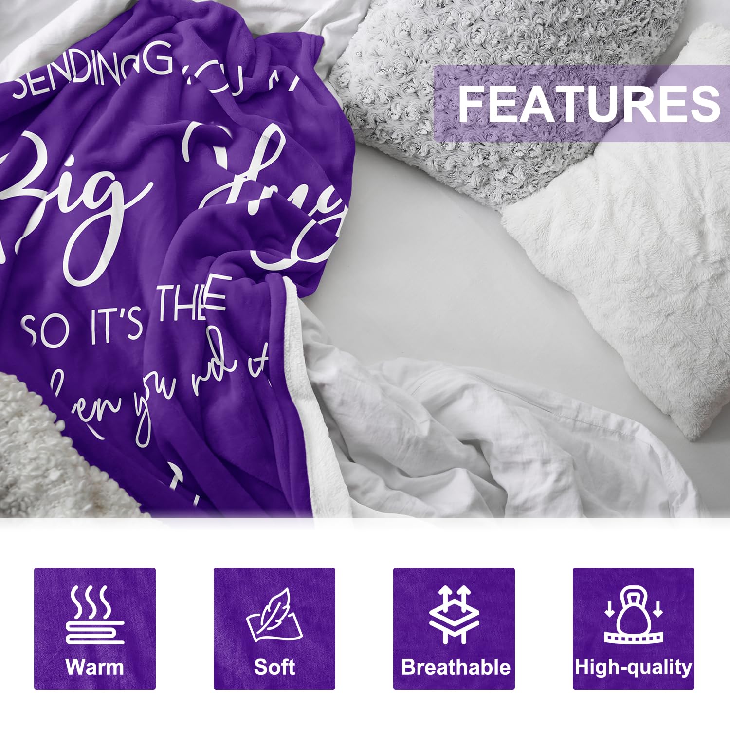 Pubrave Hug Blanket purple care tag shows easy care and durability.