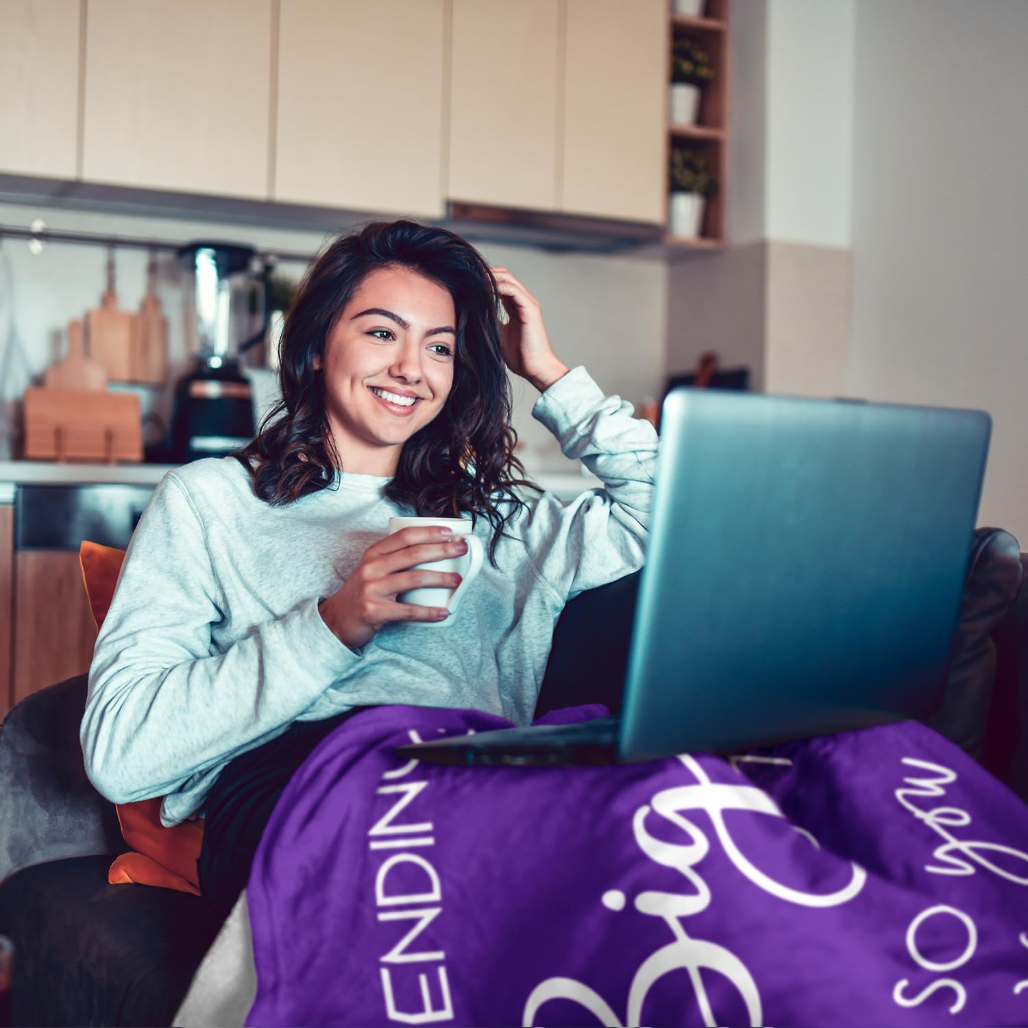 Pubrave Hug Blanket purple wrapped on lap, ideal for cozy home moments.