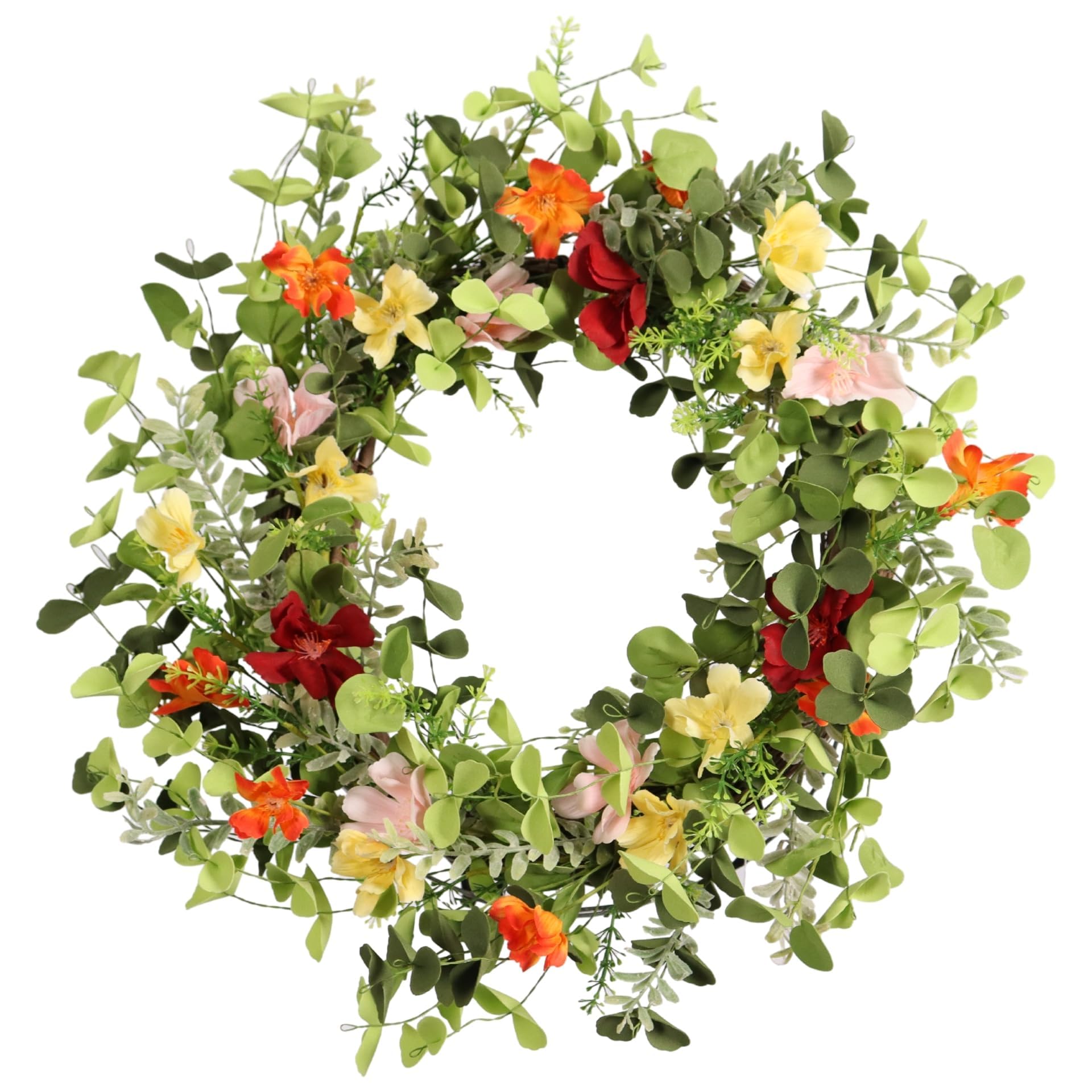 Pudate 22in wreath with wildflowers and eucalyptus brightens entryways.