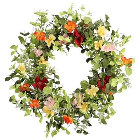 Pudate 22in wreath with wildflowers and eucalyptus brightens entryways.