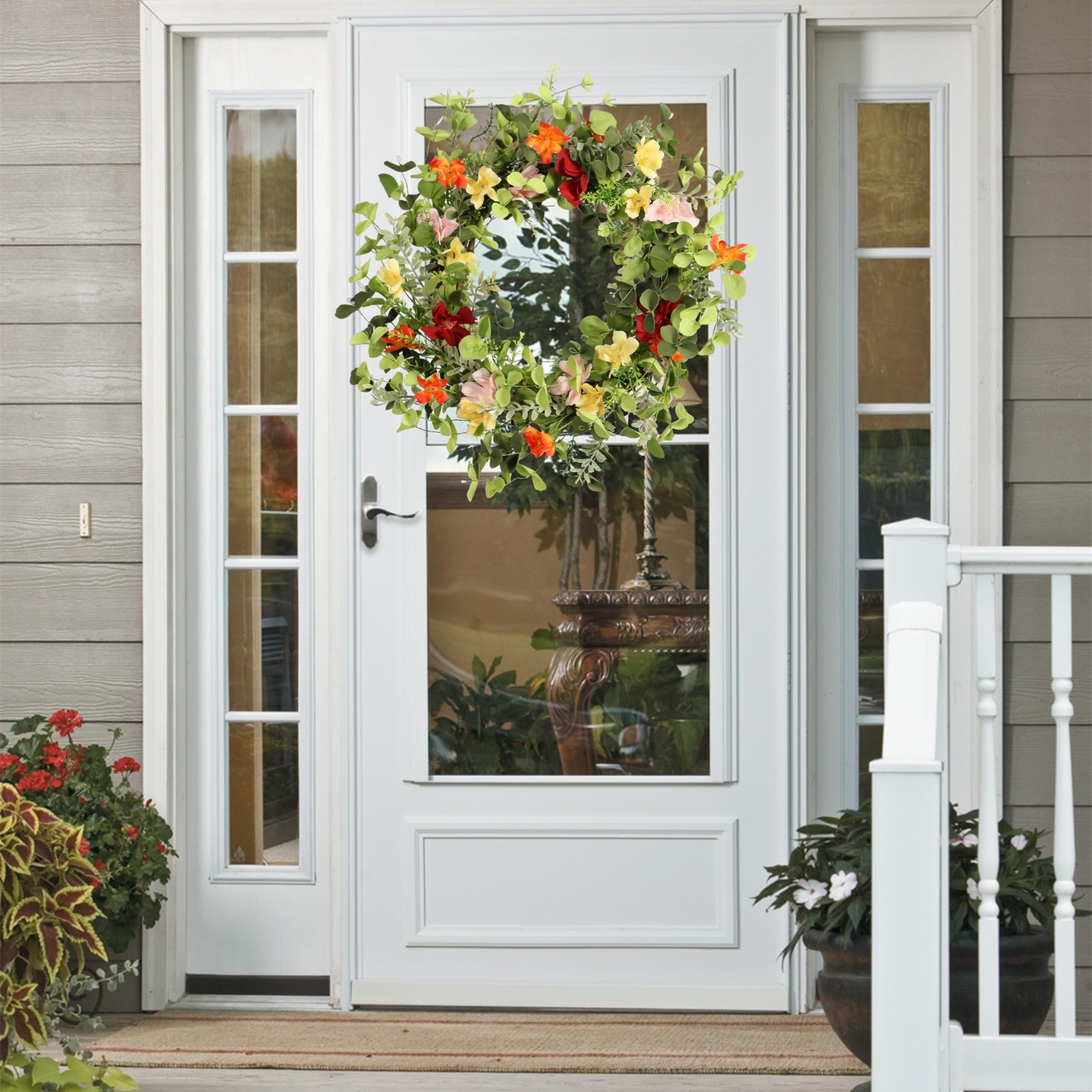 Pudate 22in wreath with eucalyptus leaves provides fresh, natural look.