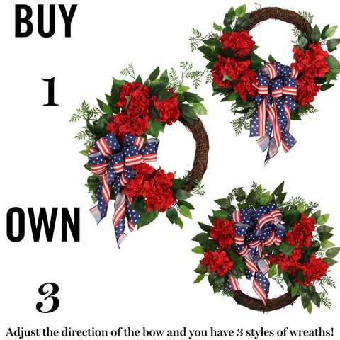 Pudate wreath with flag bow for Fourth of July celebrations on entryways.