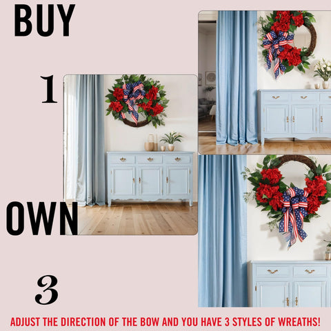 Pudate front-door wreath displayed indoors or outdoors for seasonal patriotism.