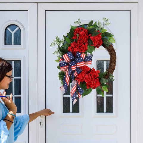 Pudate artificial wreath with hydrangeas complements spring and summer decor.