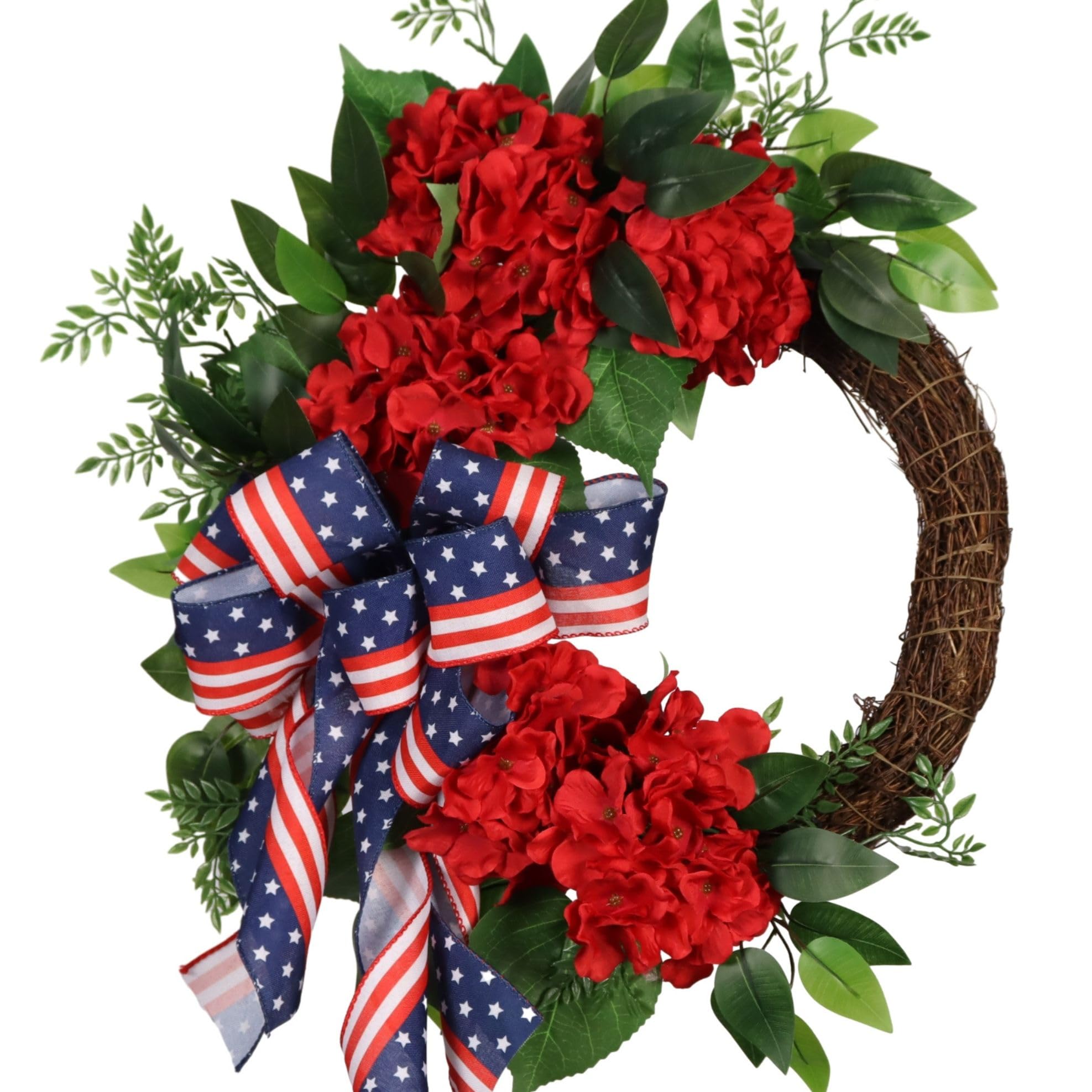 Pudate patriotic wreath with hydrangeas and ivy for a welcoming front door.
