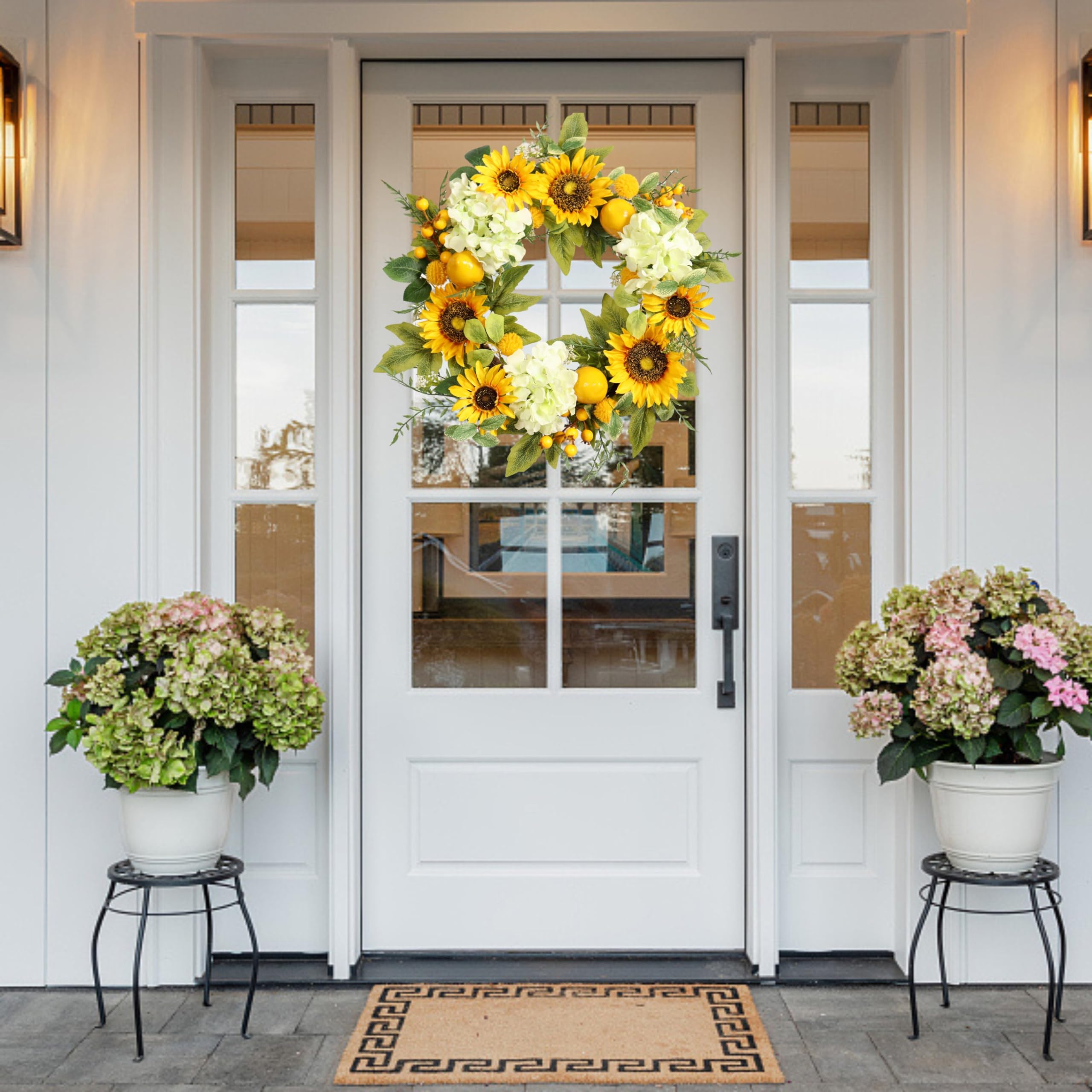 Pudate Sunflower Wreath big berry detail adds whimsy to your porch.