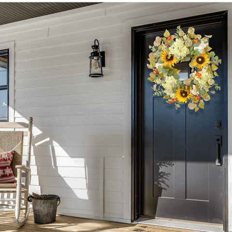 Pudate Sunflower Wreath eucalyptus leaves provide fresh accents for entryways