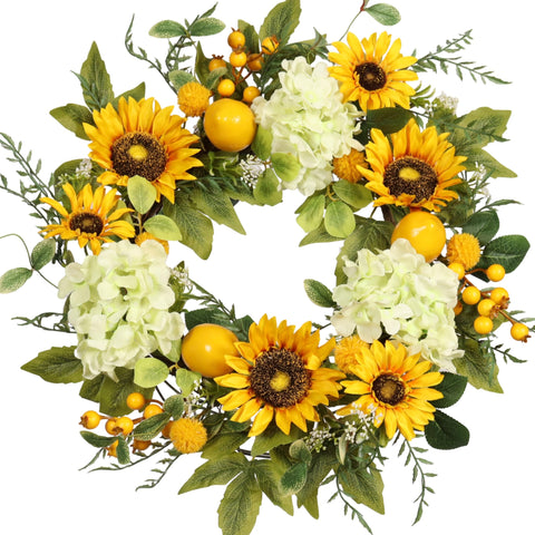 Pudate Sunflower Wreath on front door adds seasonal curb appeal.