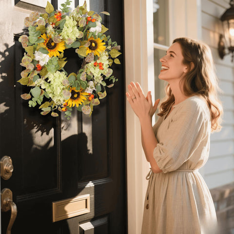 Pudate Sunflower Wreath hydrangea detail adds lush texture to indoor walls